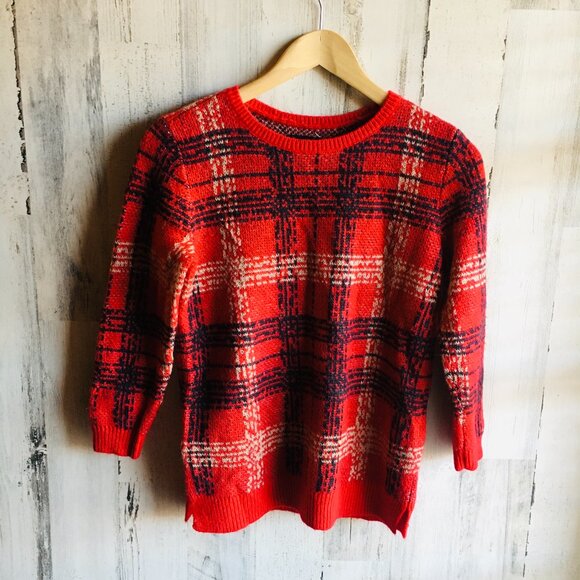 NWOT Ann Taylor Wool Mohair Blend Sweater XS Plaid Red Windowpane Preppy  Approx - Picture 1 of 13